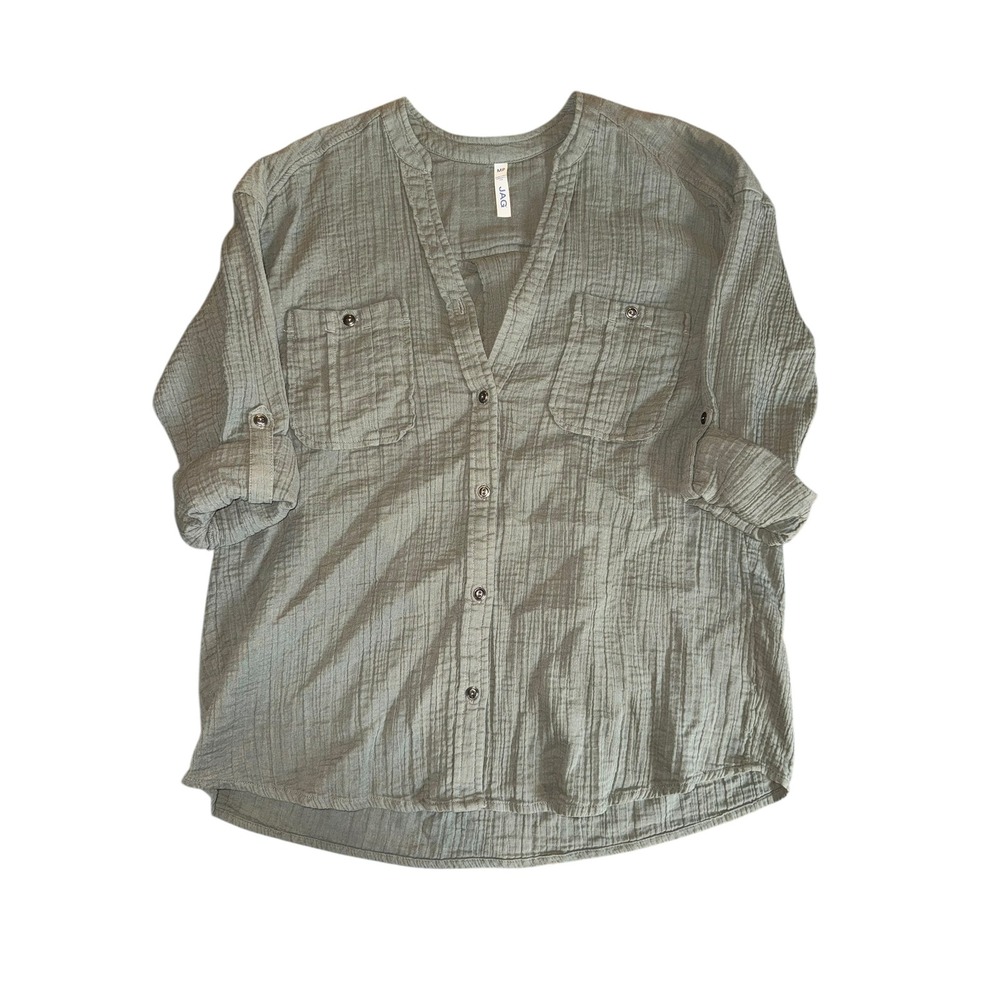 JAG Women's Green Crinkle Gauze Roll Tab Sleeve Button Up‎ Shirt Top